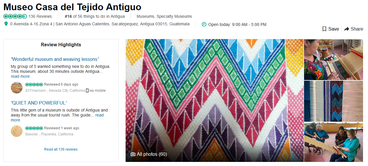 Screenshot of Tripadvisor home page for Museo Casa Del Tejido Antigua